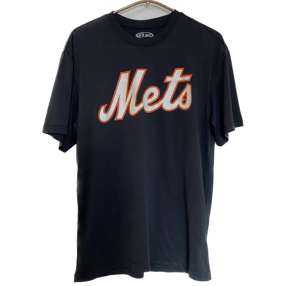 Mets Athletic Knit T-shirt Men Small Black White Orange Sporty Baseball NYC Logo
